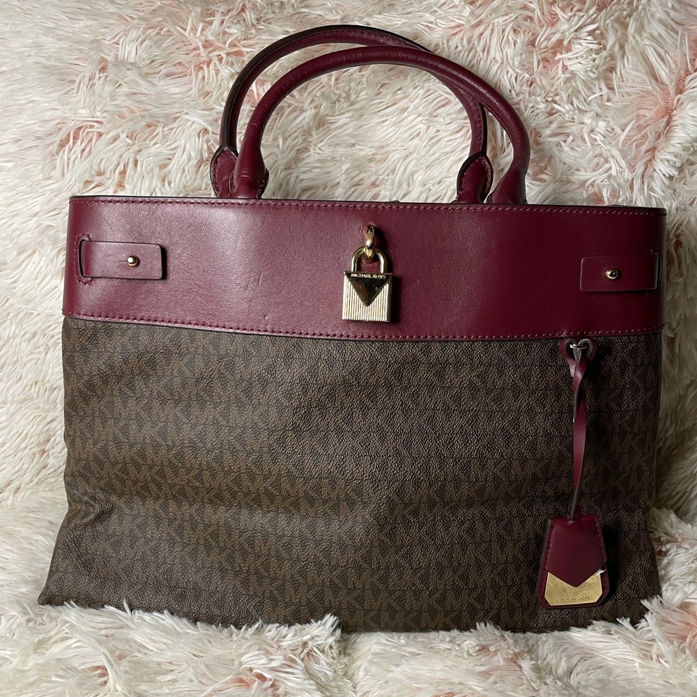 Michael Kors Gramercy Large Logo and Leather Satchel in Brown/Brandy